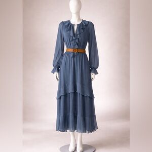 Zara Dusty Blue Ruffle Chiffon Midi Dress – Long Sleeve Feminine Belted Dress